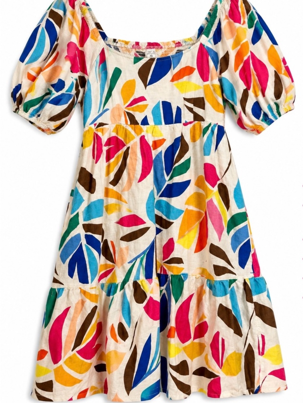 Multicolor Leaf-Print Mini Dress with Puff Sleeves